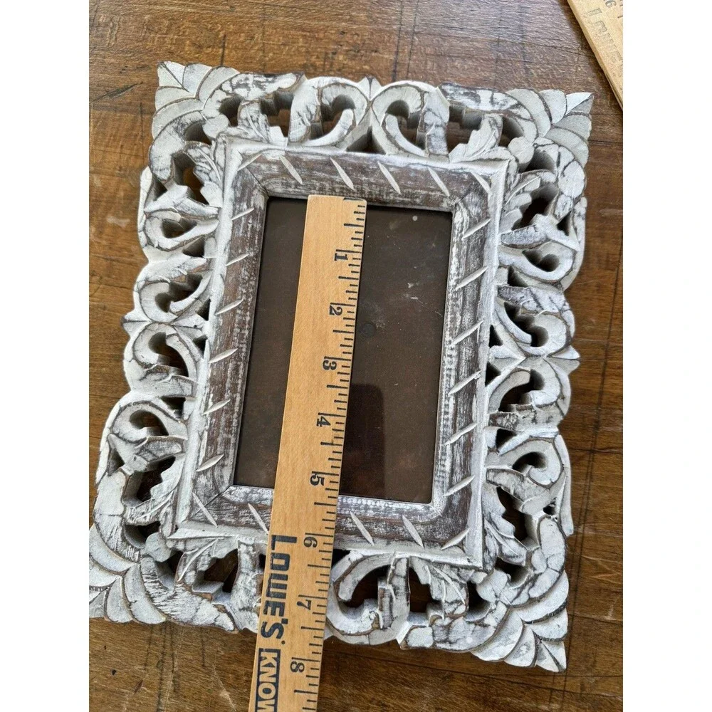 Scalloped Wood Cut Out Picture Frame India White Over Brown Wood 8.25” X 10.25”